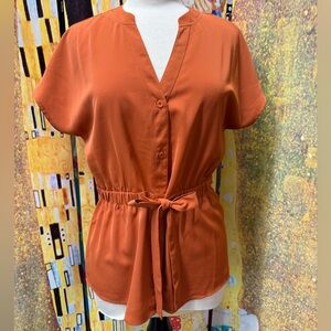 Halife Burnt Orange Collar Blouse with Tie Front Size Medium
